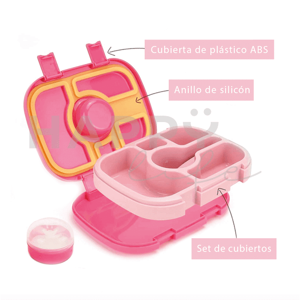 Lonchera Lunch box bento portatil para ninos y adultos con 5 compartimentos de sellado hermetico libre de fugas y cubiertos incluidos BPA FREE Happy