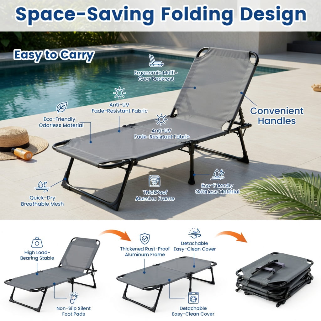 Hommoo Premium Foldable Beach Lounge Chair with Removable Pillow, Adjustable Reclining Outdoor Lounger for Beach, Pool & Patio, Gray