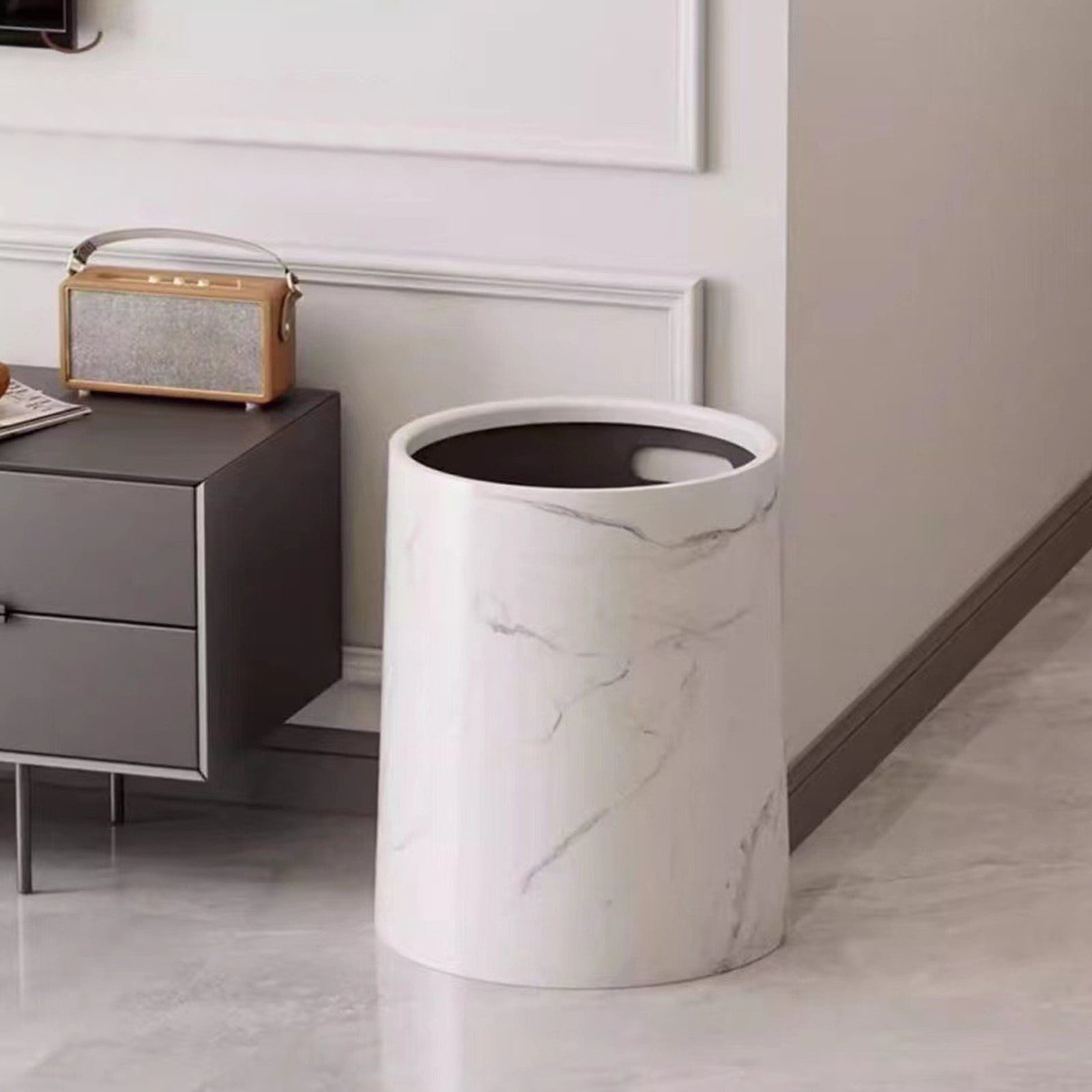 PHIGZNT Round Metal Small 3.9 Gallon Recycle Trash Can Wastebasket, Garbage Container Bin for Bathrooms, Kitchen, Bedroom, Home Office - Durable Stainless Steel - Mirri Collection - White Marble