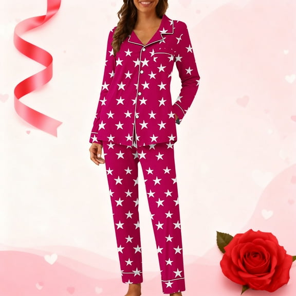 YTCAMLO Valentine' s Heart Printing Women Pajamas Set Casual Soft Long Sleeve Sleepwear Button Up Top and Pants Cute Pj Nightwear, Hot Pink4 XXL