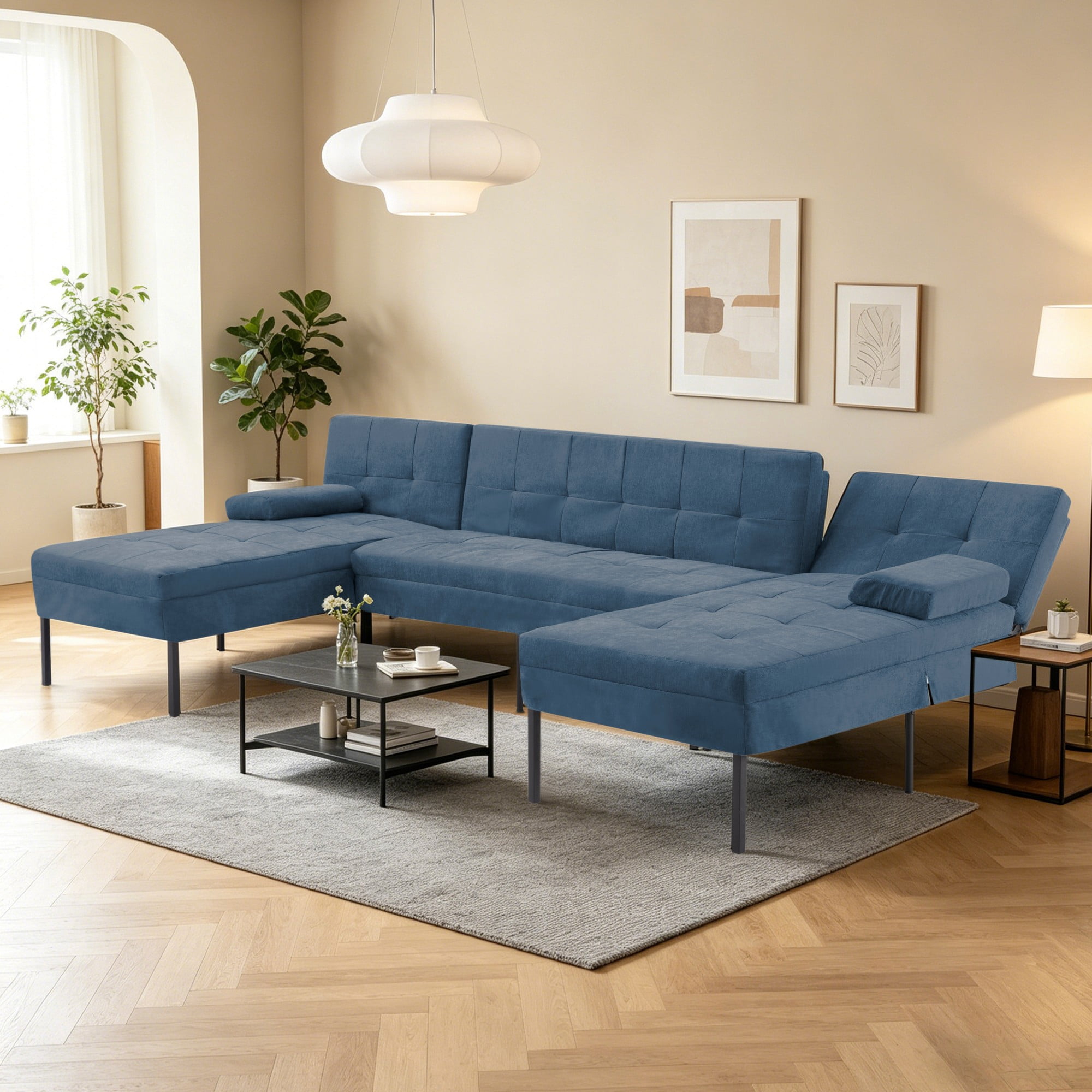 Gewnee 107.09"U-Shape Sectional Sofa,Chenille Couch,4 Seats Lounge Sleeper with Double Chaise for Living Room,Dark Blue