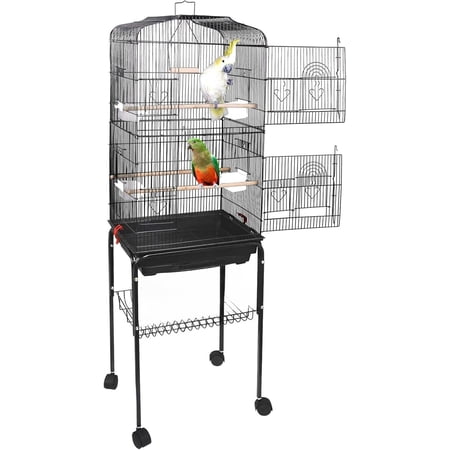 59.3 Rolling Bird Cage Large Wrought Iron Cage for Cockatiel Sun Conure Parakeet Finch Budgie Lovebird Canary Medium Pet House with Rolling Stand & Storage Shelf