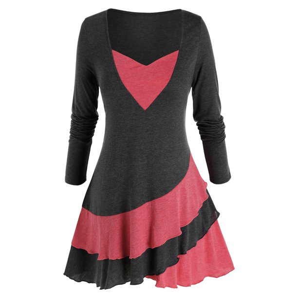 Talla grande bicolor de dos tonos túnica falda de túnica camiseta Rosegal Mangas largas de talla grande