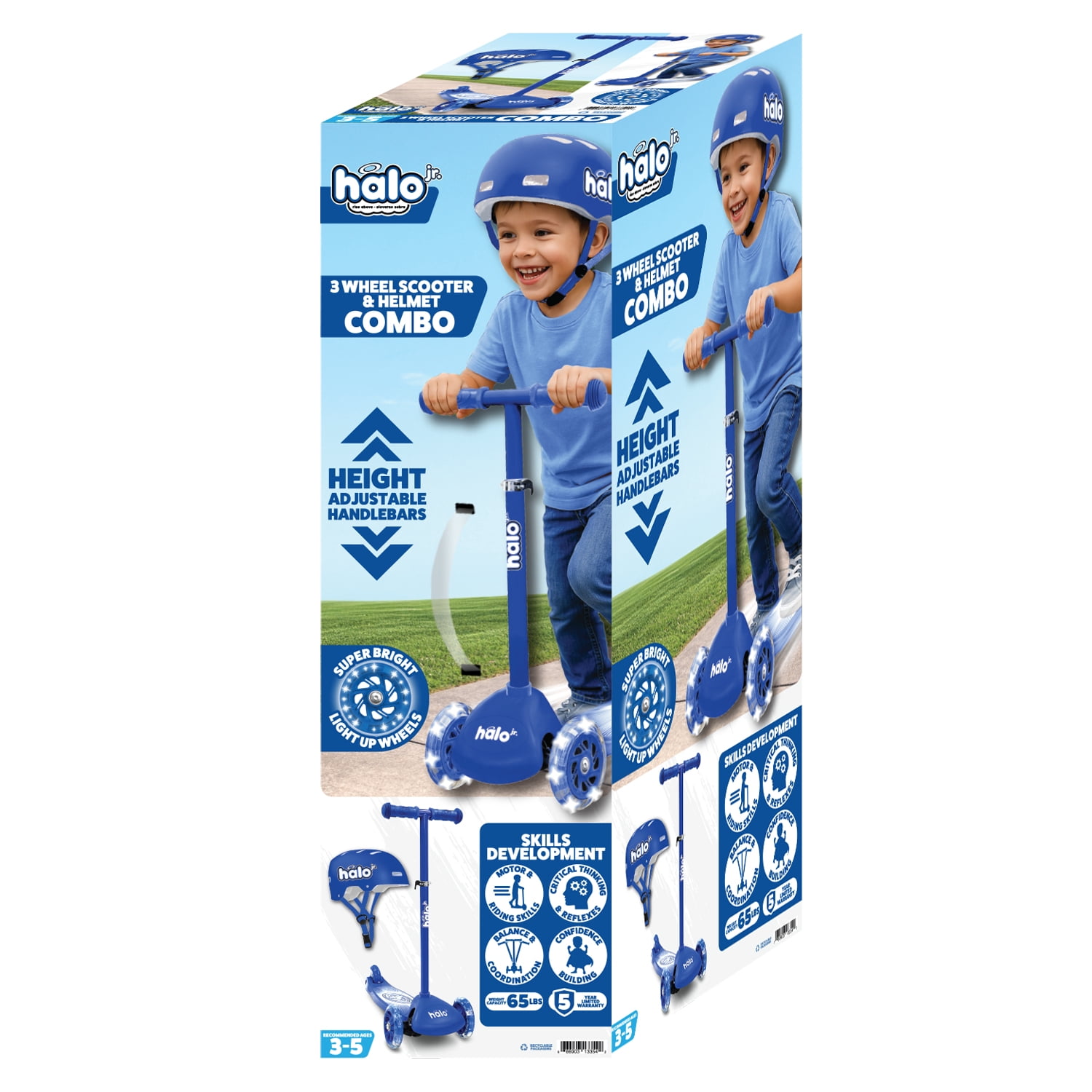 HALO Rise Above Jr 3 Wheel Toddler Scooter and Helmet Set - Blue 2+ - Light up Wheels and Adjustable Helmet