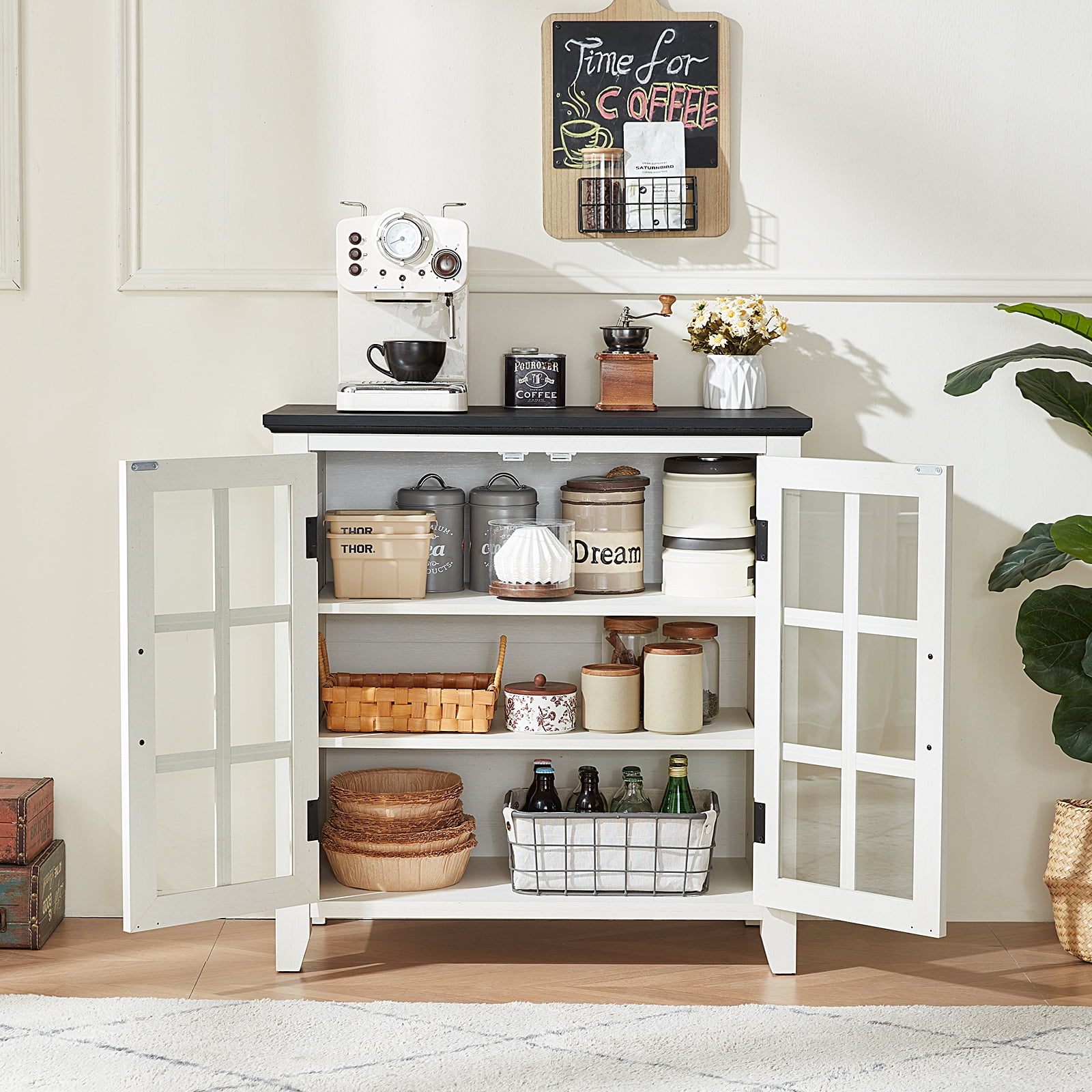 Joaxswe Sideboard Buffet Bar Cabinet Farmhouse 2 Glass Doors Coffee Wine White 32 Inch
