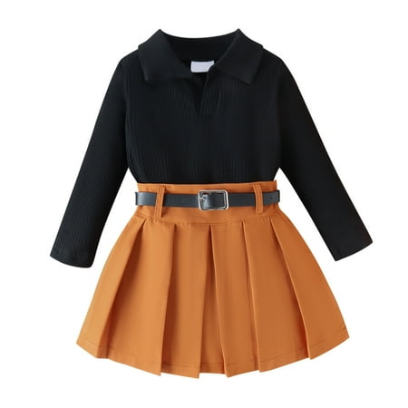 

YTIANH Plus Size Outfits Toddler Girls Ruffles Long Sleeve Solid Ribbed T Shirt Tops Bow Tie Skirt Outfits (Black 12-18 Months）