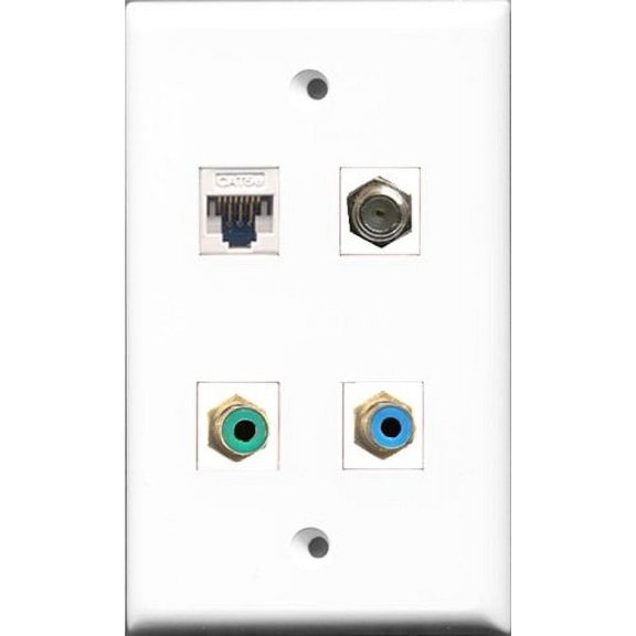 RiteAV - 1 Port RCA Green and 1 Port RCA Blue and 1 Port Coax Cable TV- F-Type and 1 Port Cat5e Ethernet White Wall Plate