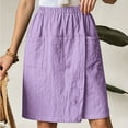 thumbnail image 3 of Knee Length Shorts for Women Summer Casual Cotton Linen Lightweight Elastic Waist Wide Straight Leg Skorts with Pockets, 3 of 7