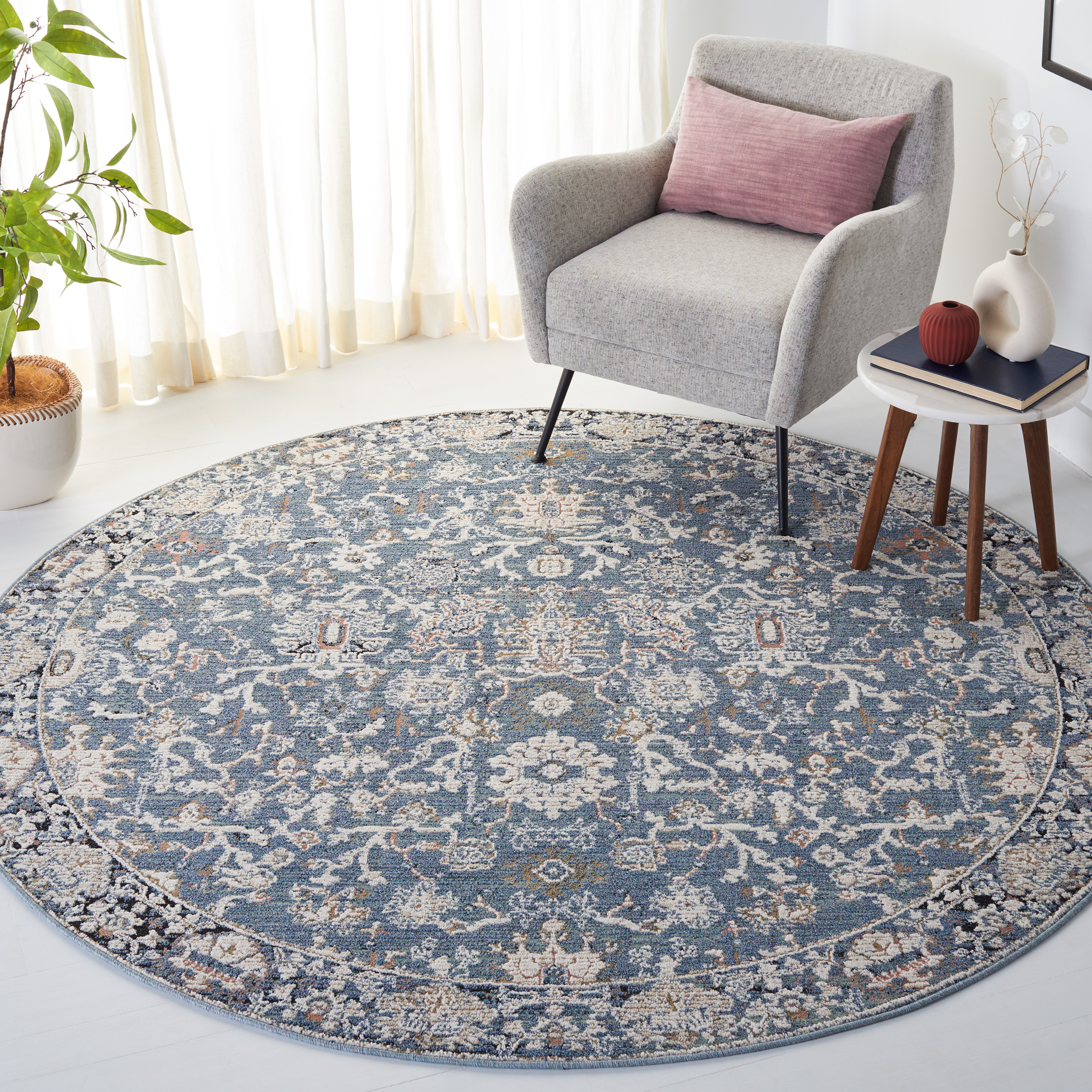 SAFAVIEH Vivaldi Lesleigh Abstract Area Rug, Navy/Ivory, 6'7" x 6'7" Round