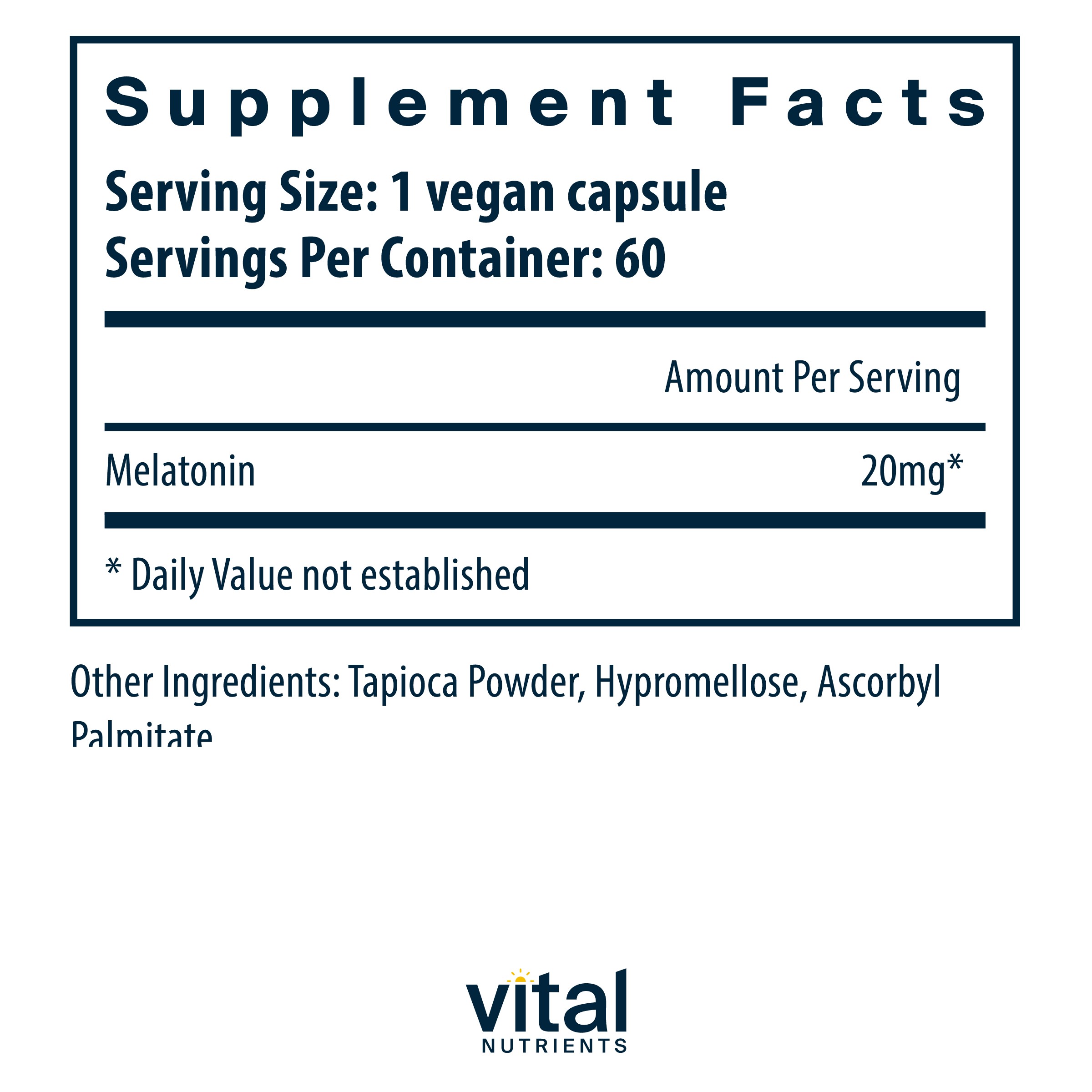 Vital Nutrients - Melatonin (Melatonina) - Sleeping Aid - Supports the Body's Natural Sleep Cycle - 60 Capsules per Bottle - 20mg