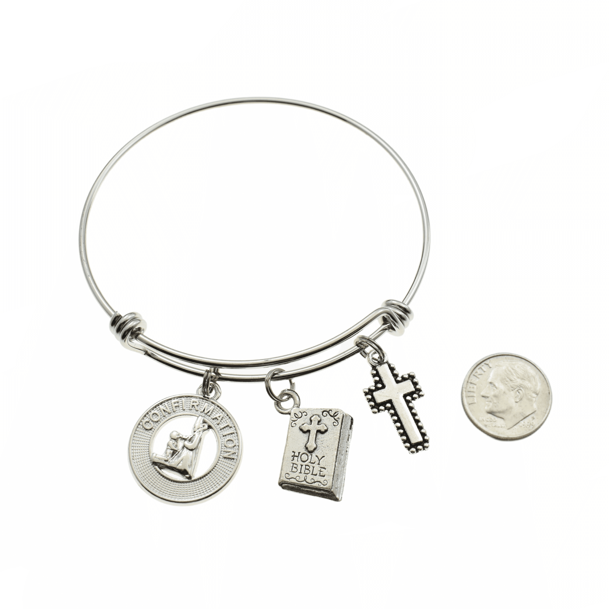 Confirmation Bangle Bracelet in silver stainless steel with three silver toned charms. Confirmation gift for teen girl. Confirmation gift.