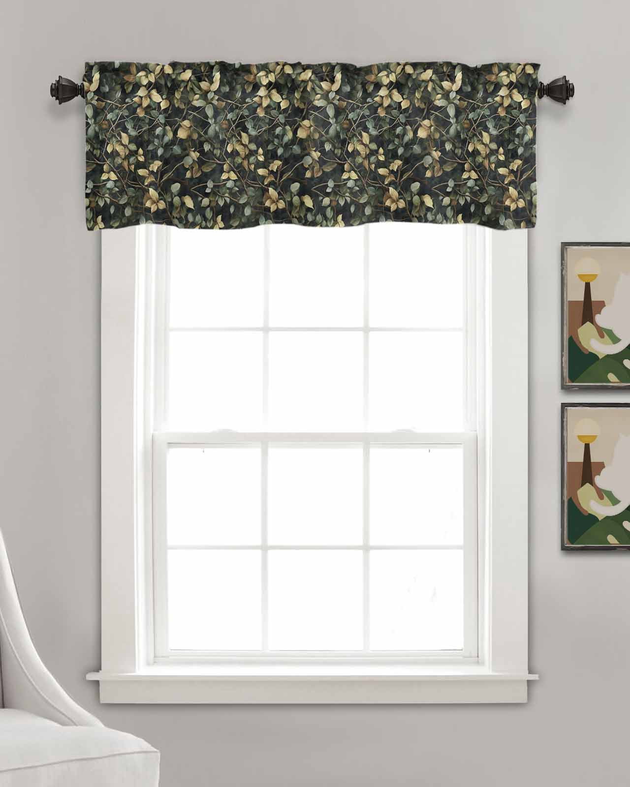 Branches Green Leaves Kitchen Valances for Windows Farmhouse Linen Window Valance Curtain for Living Room Window Treatment Vintage Botanical Forest Valance Rod Pocket Topper Drape, 60 x 18 Inch