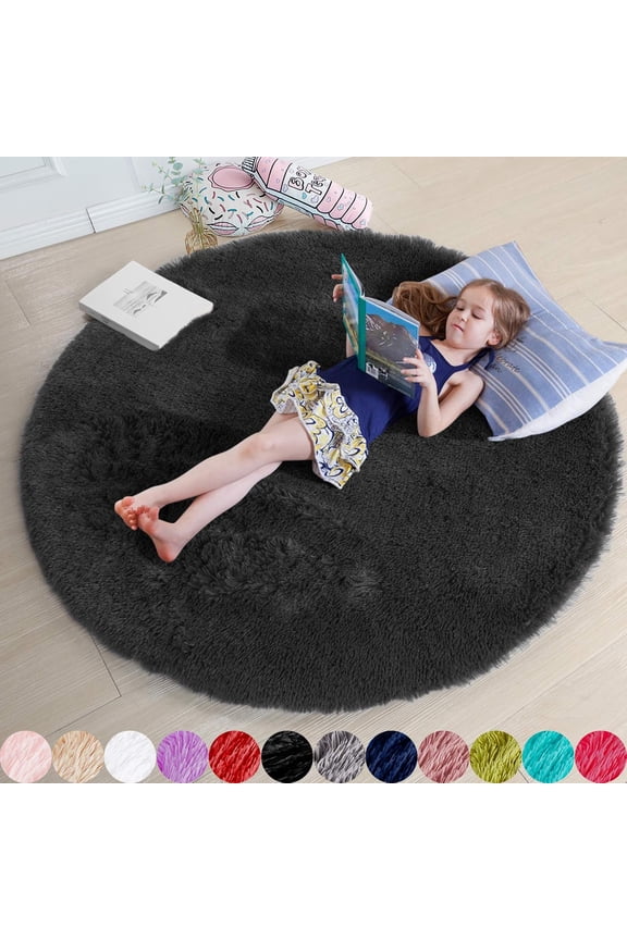 Black Round Rug for Bedroom, Fluffy Circle Rug 4' x 4' Furry Carpet for Teen Room, Shaggy Circular Rug for Nursery Room, Fuzzy Plush Rug for Dorm, Cute Room Decor