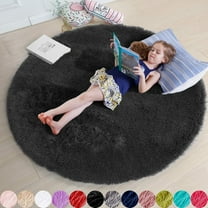 WOVTE Black Round Rug for Bedroom, Fluffy Circle Rug 4' x 4' Furry Carpet for Teen Room, Shaggy Circular Rug for Nursery Room, Fuzzy Plush Rug for Dorm, Cute Room Decor