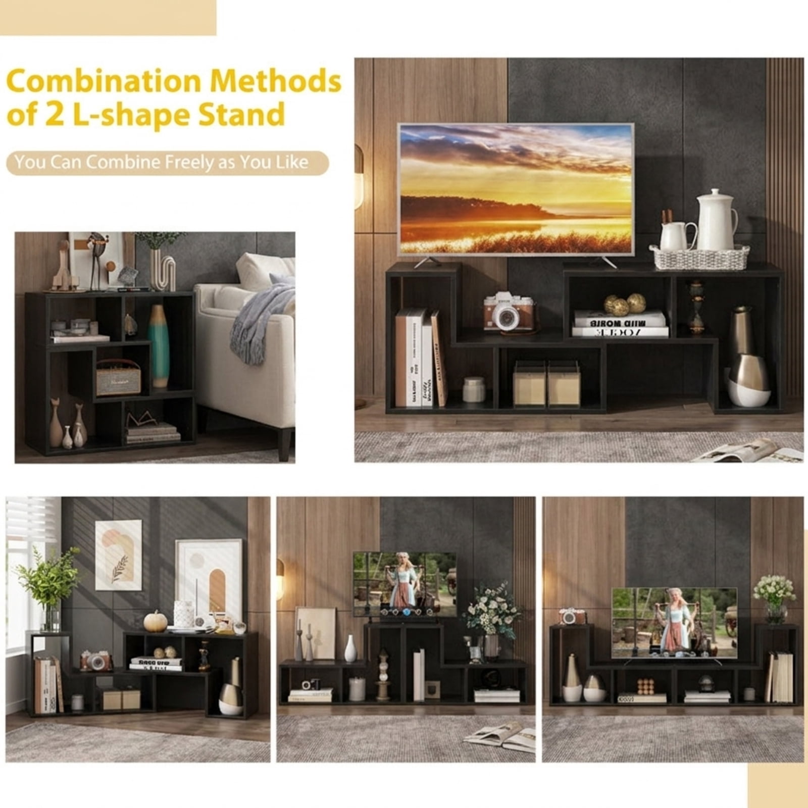 Furnibear 3-Piece Adjustable TV Stand for 65 Inch TV, Modular Entertainment Center with Shelves, Black