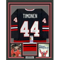 Framed Autographed/Signed Kimmo Timonen 35x39 Chicago Black Hockey Jersey JSA COA