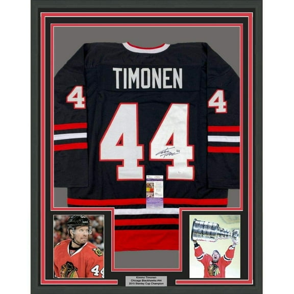 Framed Autographed/Signed Kimmo Timonen 35x39 Chicago Black Hockey Jersey JSA COA