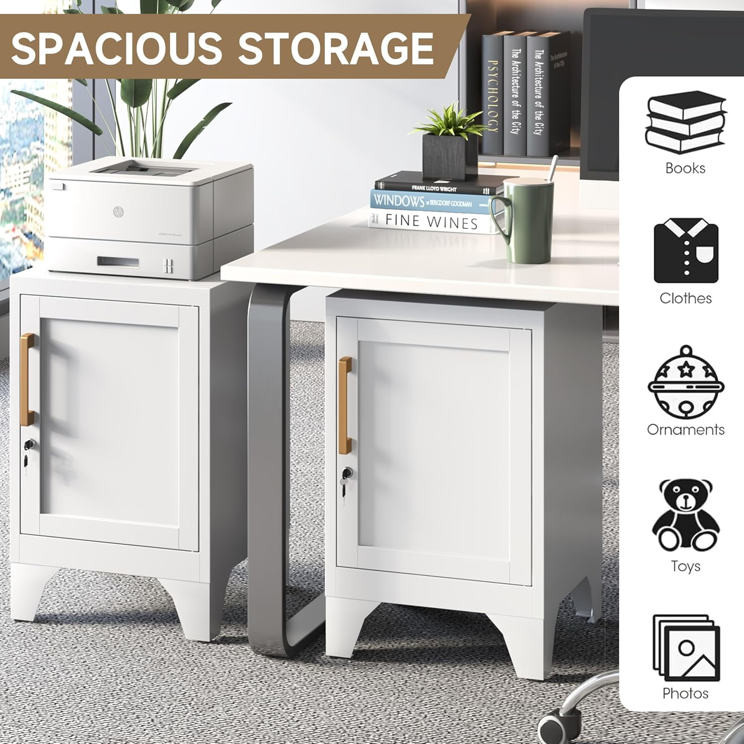 Kooyon Metal Storage Locker - 2-Shelf Shelves Removable Metal Lockers White Lockable Cabinet with Key, Heavy-Duty 50lb Capacity per Shelf for Home, Office, Bedroom,Garage (23.6”H)