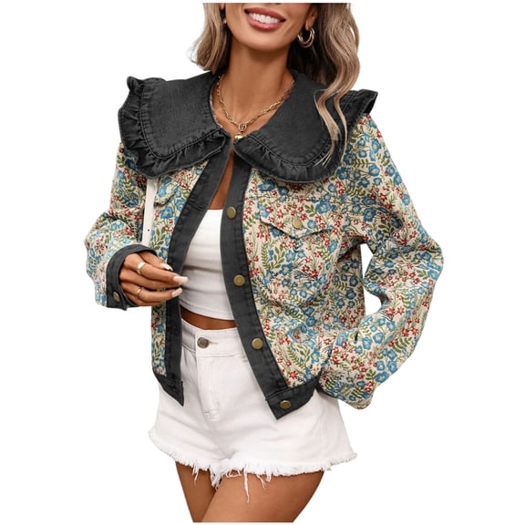 Women's Floral Print Cropped Denim Jacket, Sweet Peter Pan Collar Button Down Vintage Casual Coat