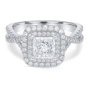 JeenMata 1 Carat Princess Cut Moissanite Engagement Ring - Bridal Set - Double Halo Ring - Cluster Ring - 18k White Gold Plated for Women