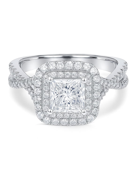 1 Carat Princess Cut Moissanite Engagement Ring - Bridal Set - Double Halo Ring - Cluster Ring - 18k White Gold Plated for Women