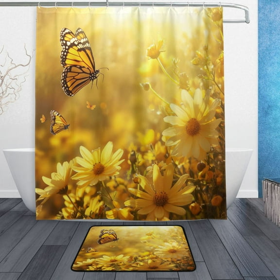 Bath Curtain & Non-Slip Bath Mat Set 12-Grommet Shower Curtain Memory Foam Bath Rug Yellow Flowers and Butterfly