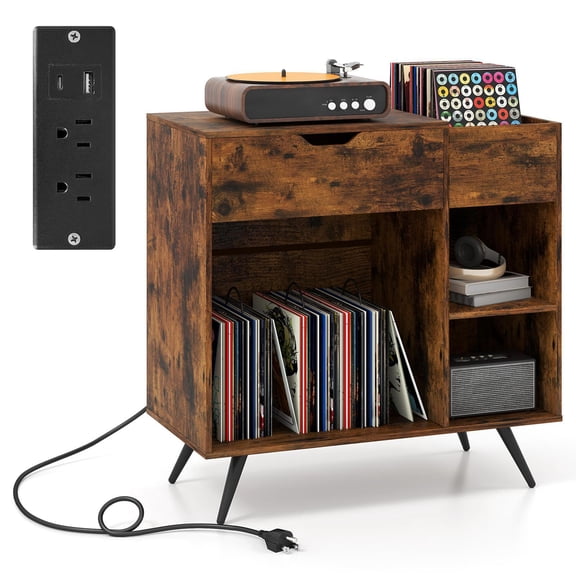 Barara King Record Player End Table with Power Outlet, Couch Side Table for Living Room, Bedroom, Home Office, Rustic Brown
