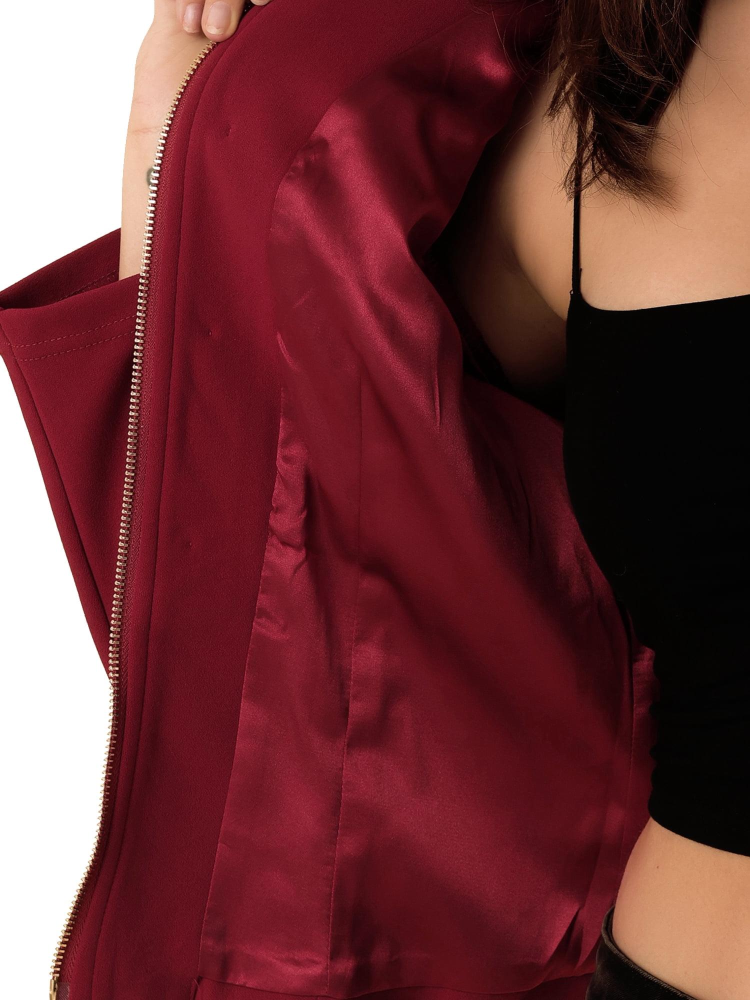 Unique Bargains Women's Stand Collar Button Decor Zip Up Blazer Jacket M Wine Red