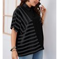 thumbnail image 3 of Camisa de manga corta para mujer, jersey de bloque de Color a rayas con cuello vuelto y botones 1/4, camiseta holgada para mujer, Top para verano negro XXXL, 3 of 6