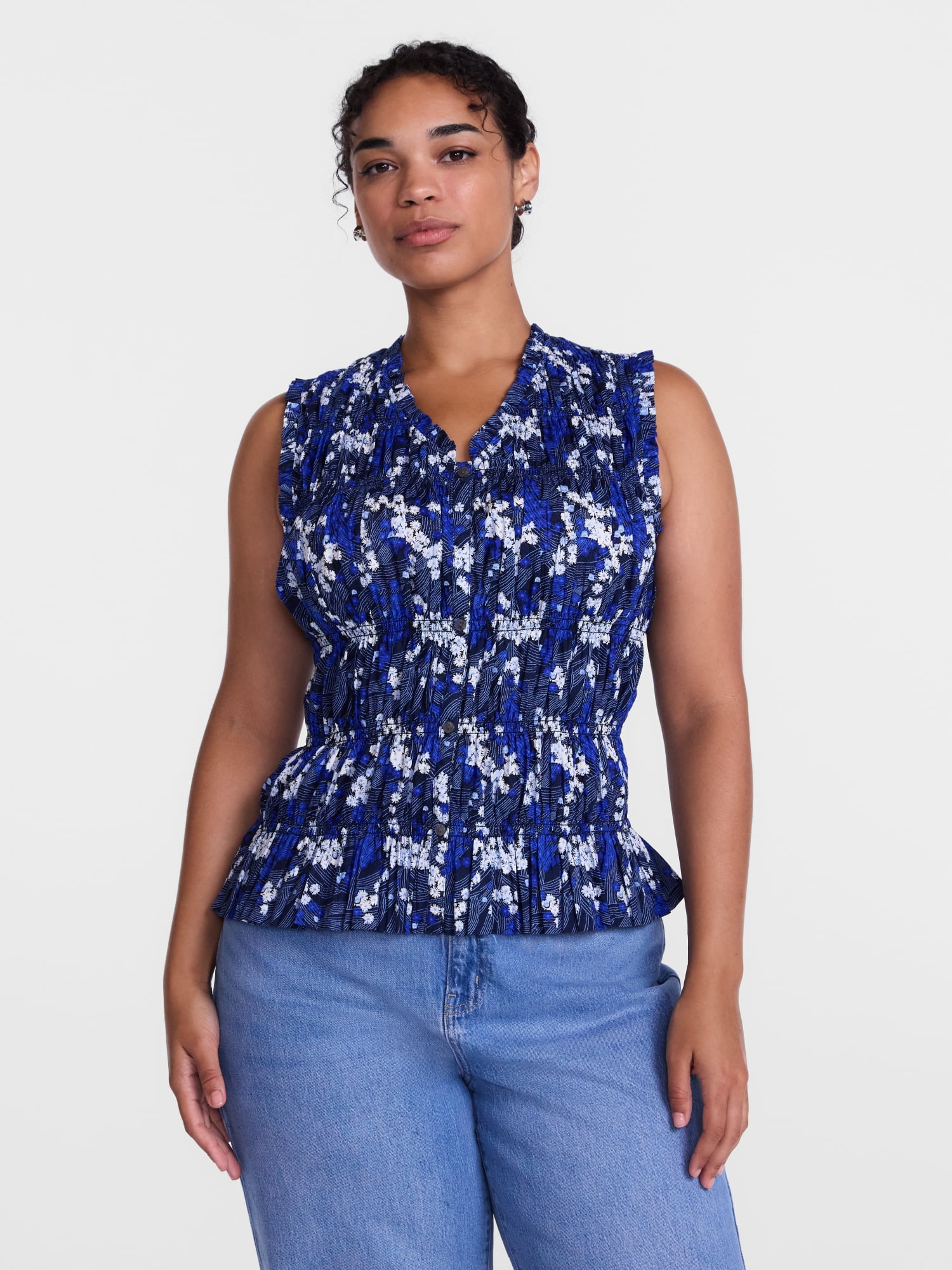 Scenario Women's Smocked Sleeveless Button Front Top, Sizes XS-XXXL