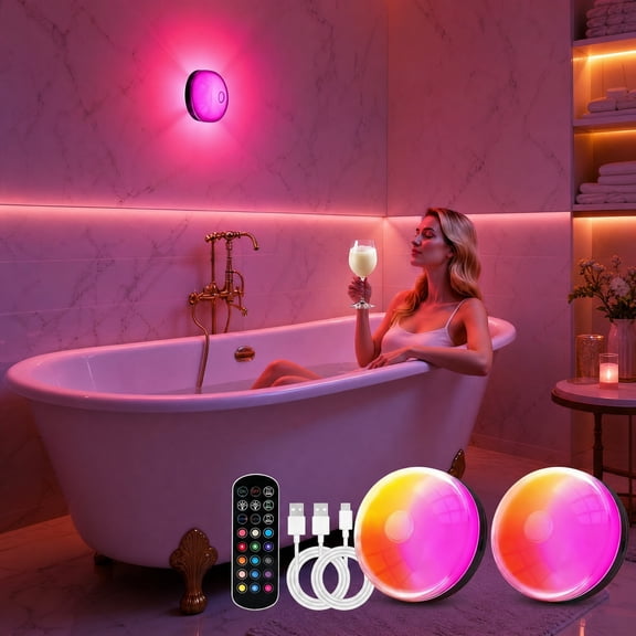 DOLIZU 2Pcs Rechargeable, 16 Color-Changing LED, Remote Control, Dimmable Timer, Magnetic Mount, Wireless Shower Lights, Bathroom, Bedroom, Closet Mood Lighting
