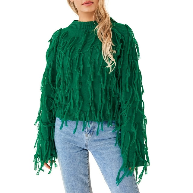 FAROOT Chandail en Tricot pour Femmes Manches Longues Col Rond à Pompons chandail-Over Uni Mode Urbaine