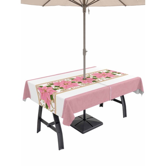 Outdoor Tablecloth with Umbrella Hole and Zipper, Pink Poinsettia Christmas Rectangle Table Cloth 60x84 Inch Waterproof Tablecloth, Xmas Botanical Winter Floral Picnic Table Cover for Patio Camping