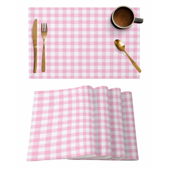 Placemats Set of 6, Pink Woven Placemat, Linen Place Mats for Kitchen/Dining Tables, Country French Rustic Buffalo Plaid Modern Art Washable Table Mats for Party
