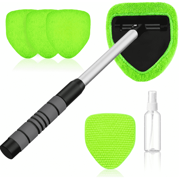 Windshield Cleaner Tool – Car Interior Window Cleaning Kit with Extendable Handle & 4 Microfiber Pads, Auto Wiper Inside Windshield Brush for Car & Home Windows