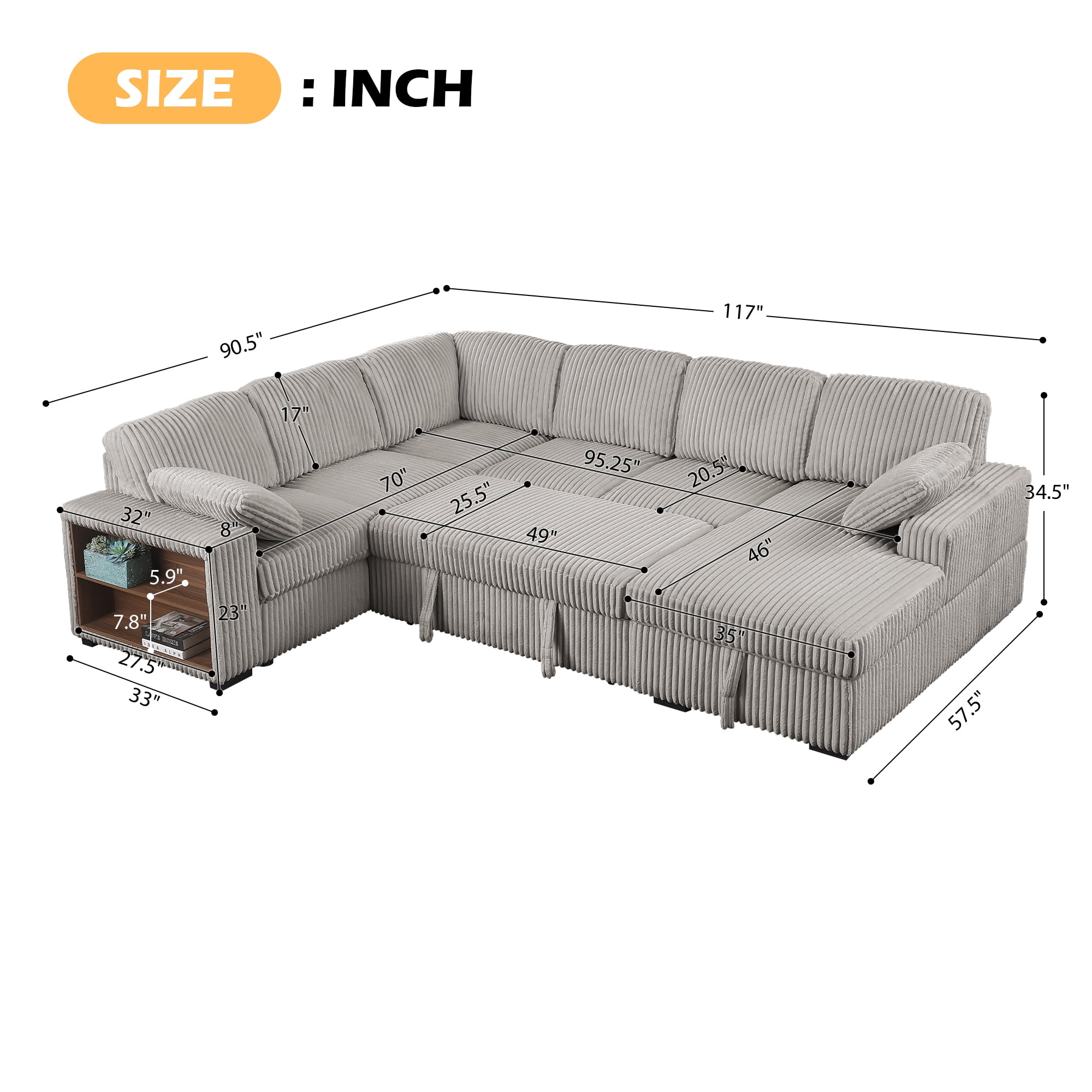 Gewnee 117 inch Sectional Sofa with Pull Out Bed,U-Shaped Modular Sectional with Storage,Cloud Couch for Living Room,Family Room & Apartment,Light Grey