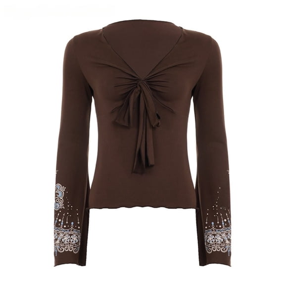 Women’s V Neck Printed Long Sleeve Top Bow Detail Slim Fit T Shirt Casual Basic Layering Tee Date Night Essential Stylish Everyday Wear