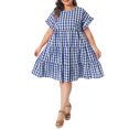 thumbnail image 2 of Agnes Orinda Women's Plus Size Mother's Day Gingham Dresses 1950s Plaid Round Neck Ruffle Sleeve Tiered Babydoll Summer Casual Midi Dress with Pocket 1X Royal Blue, 2 of 6