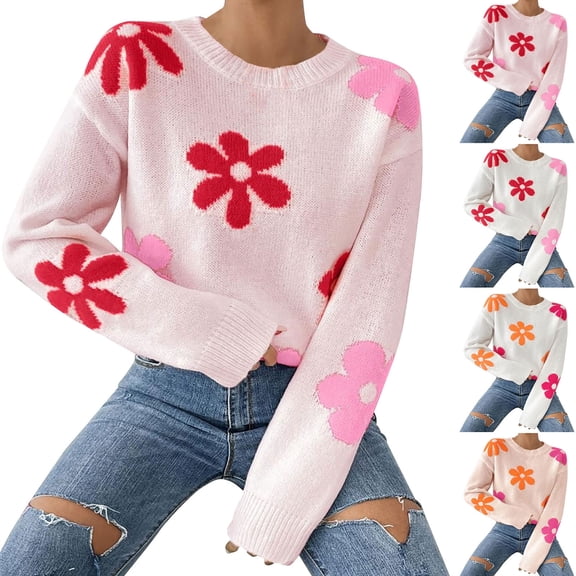 LOVZFMLL Sweaters for Women, Acrylic Crew Neck Fair Isle Pullover Floral Print Casual Fashion Loose Long Sleeve Tops Warm Fall Winter Clothes
