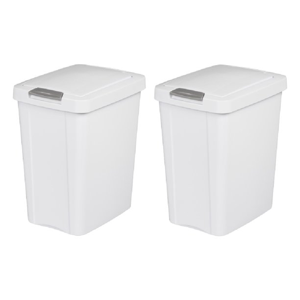 Sterilite Touch Top Wastebasket 7.5 gal Slim Plastic Trash Can with Latch White 2Pack
