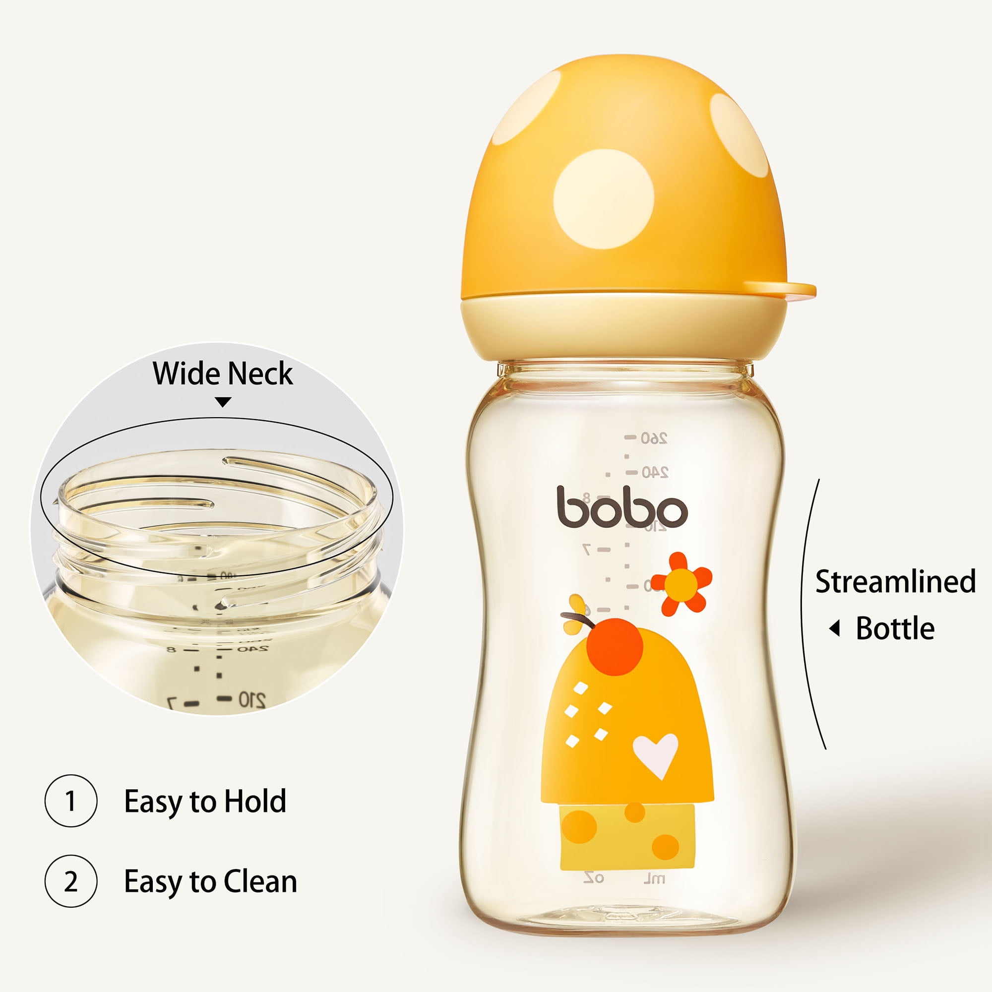 YOHKOH Anti-Colic Baby Bottle,Mushroom Cap,Wide-bore,for Toddler Infant,8.8ounce,4pcs-Yellow