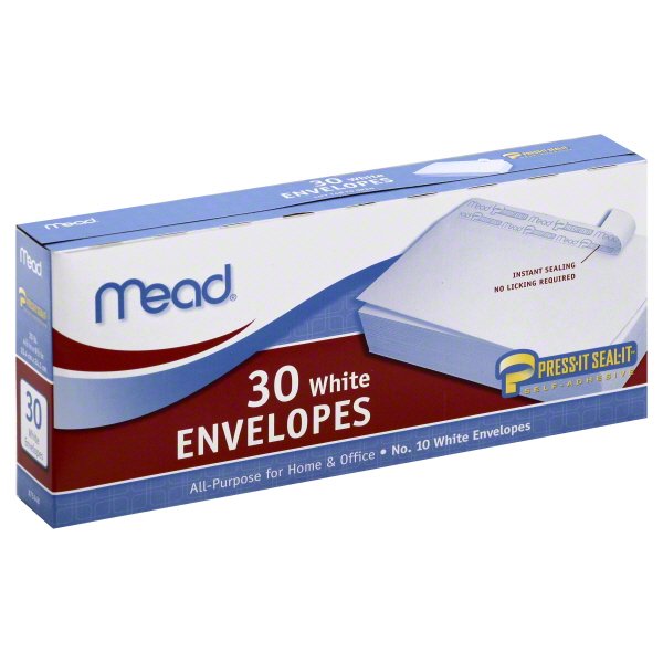 Mead 10 SelfAdhesive Envelopes, 41/8 in. x 91/2 in., White, 30/Box