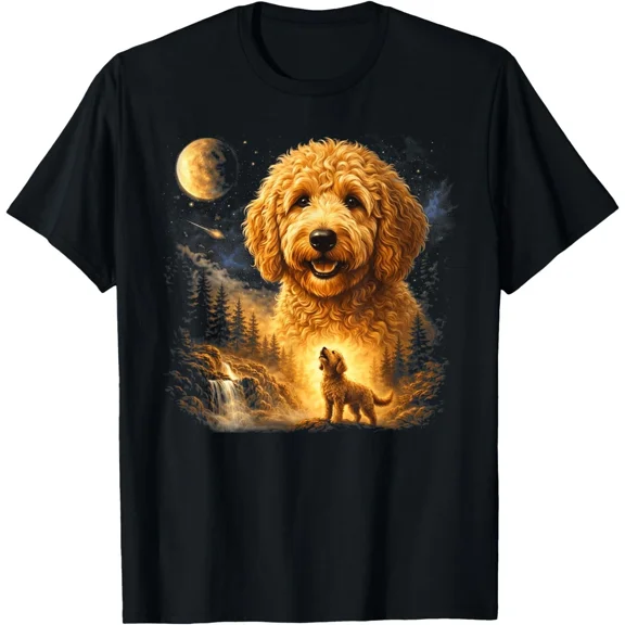 Goldendoodle Howling to The Moon Vintage Mystical Dog Art T-Shirt, UNISEX Tee
