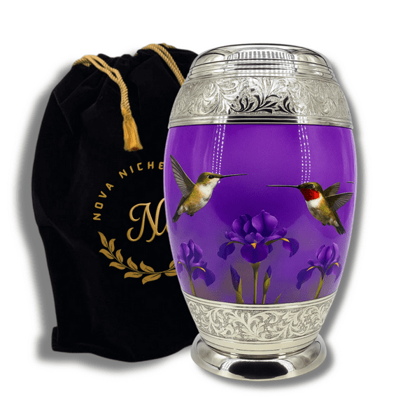 Nova Niche Hummingbird and iris flower Design Adult Cremation Urn for Human Ashes – Large Aluminium Memorial Urn with Velvet Bag