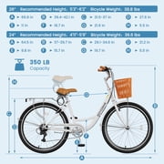 Lilypelle 24/26inch Beach Cruiser Bicycle for Women, 7 Speed Step Through Adult Commute Bike with Basket & Rack,White