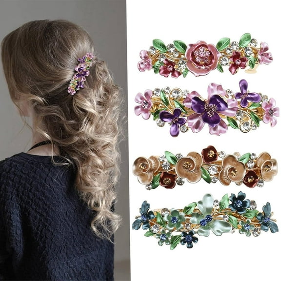 Tutuviw 4Pcs Vintage Flower Design Hair Barrettes,Colorful French Hair Clips,Rhinestones Retro Butterfly Hair Clips,Crystal Metal Snap Hair Clasps Accessories for Women Girls