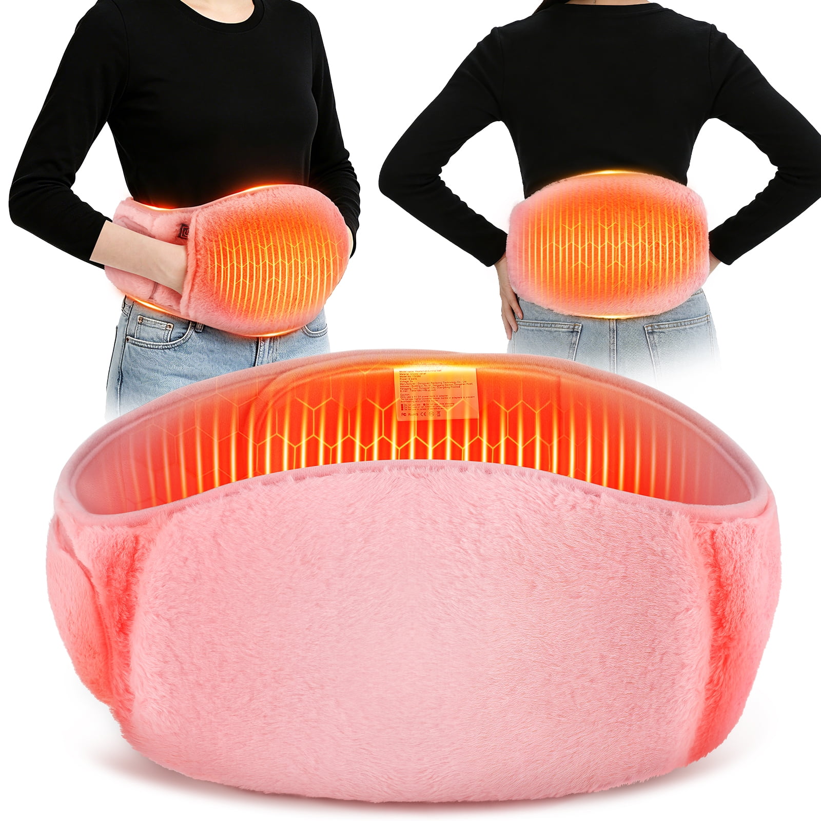 Heating Pad for Period Cramps Waist Warmer - Electric Heat Belt with Hand Pockets, Fast-Heating Portable USB Waist Wrap for Abdominal Back, 3 Temperature Settings, Washable Crystal Velvet, Pink