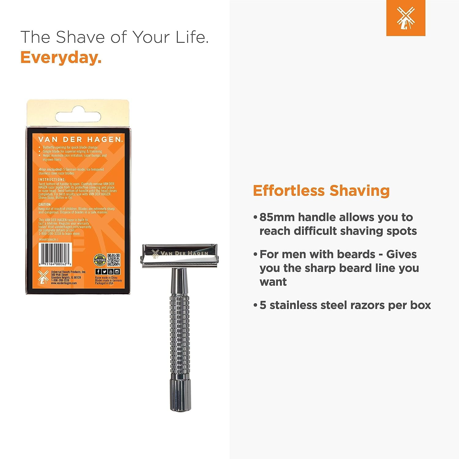 Van der Hagen Traditional Safety Razor Kit with 5 Stainless Steel Blades,  for All Skin Types, Men, Chrome Silver