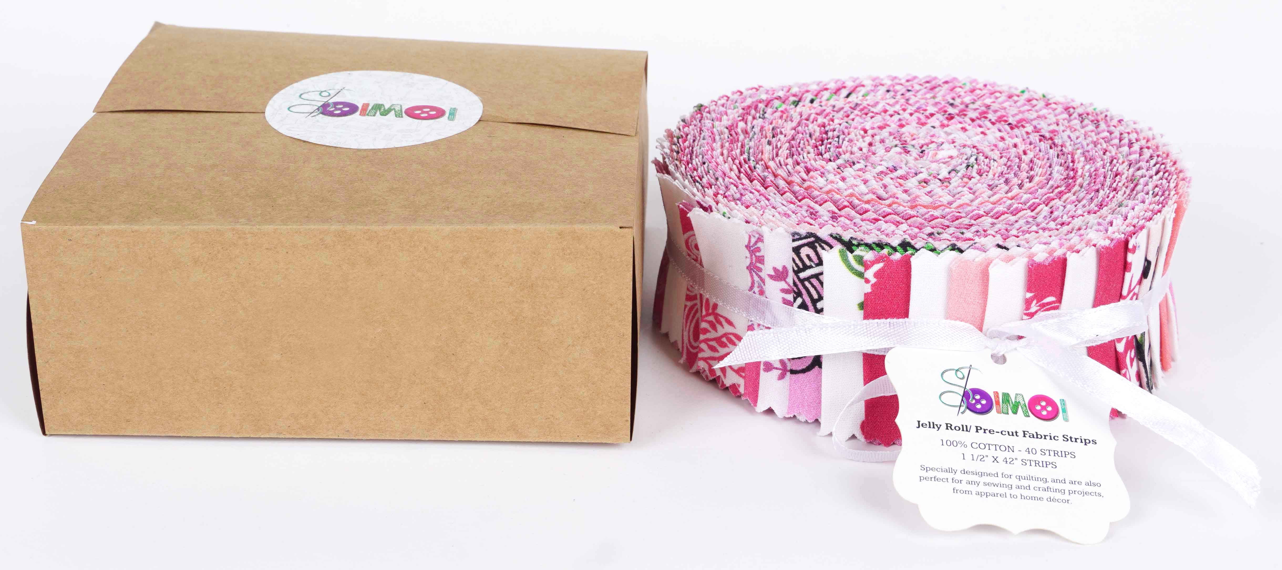 Soimoi 40Pcs Block Print Precut Fabrics Strips Roll Up 1.5x42inches Cotton Jelly Rolls For Quilting - Rose Pink