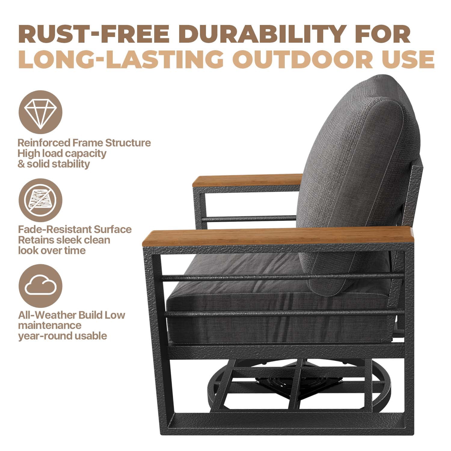 BaPiPro 2PCS Outdoor Swivel Patio Chairs, All Aluminum Frame with Wood-Look Armrest, 24 Inch Extra Wide Seat Fade Resistant Cushioned Single Sofa Chairs for Backyard Pool, Dark Gray
